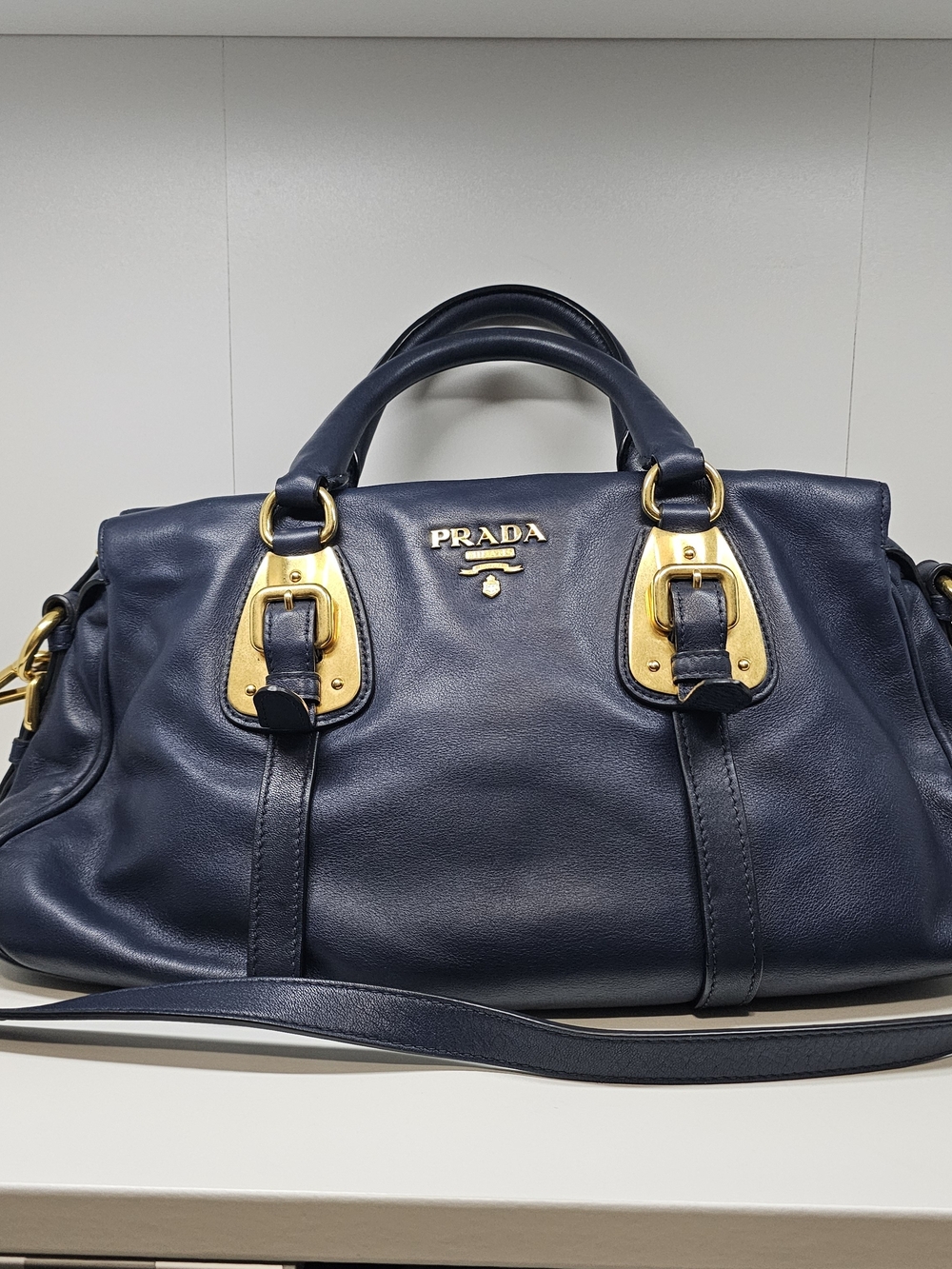 Prada Navy Blue Leather Satchel with Gold Hardware